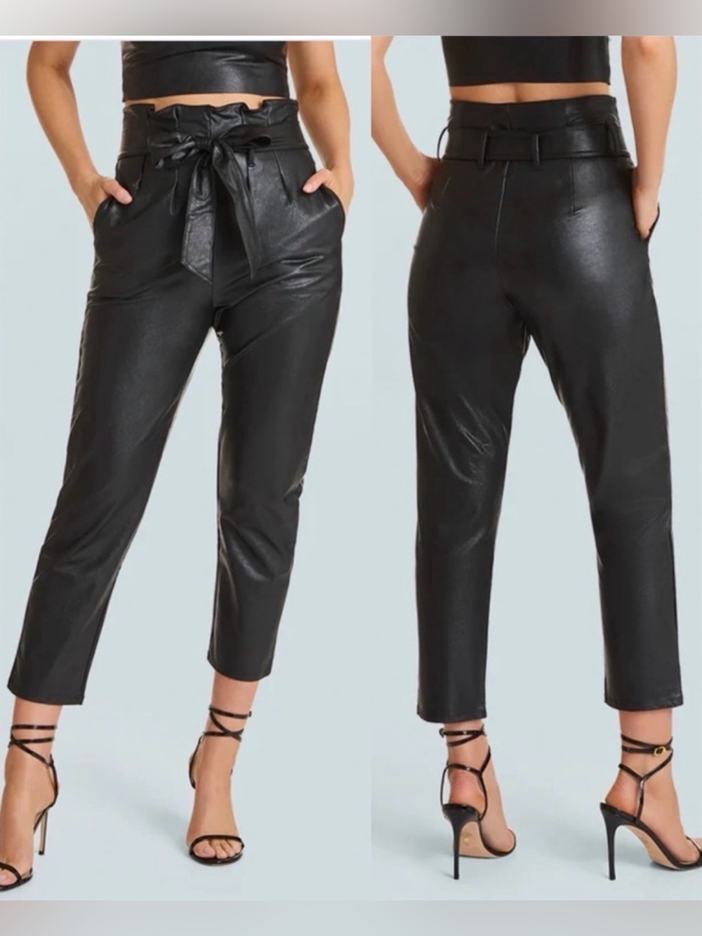 COMMANDO Faux Leather Paperbag Pants High Waist Tapered Leg Belted Black Size XS